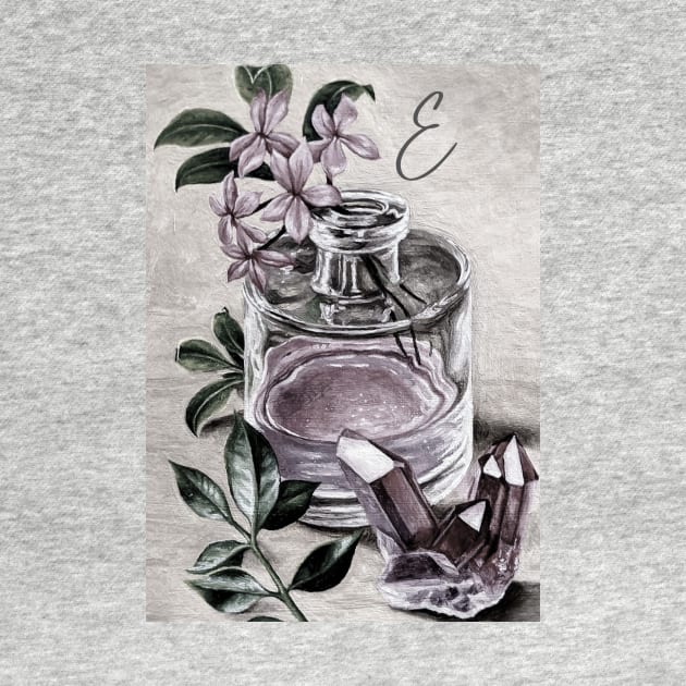 'E' vintage print perfume & rose quartz - personalized by LukjanovArt